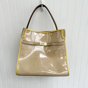 Tory Burch Lee Radziwill Double Bag Satchel Clear PVC Suede Yellow Tan Raincoat
